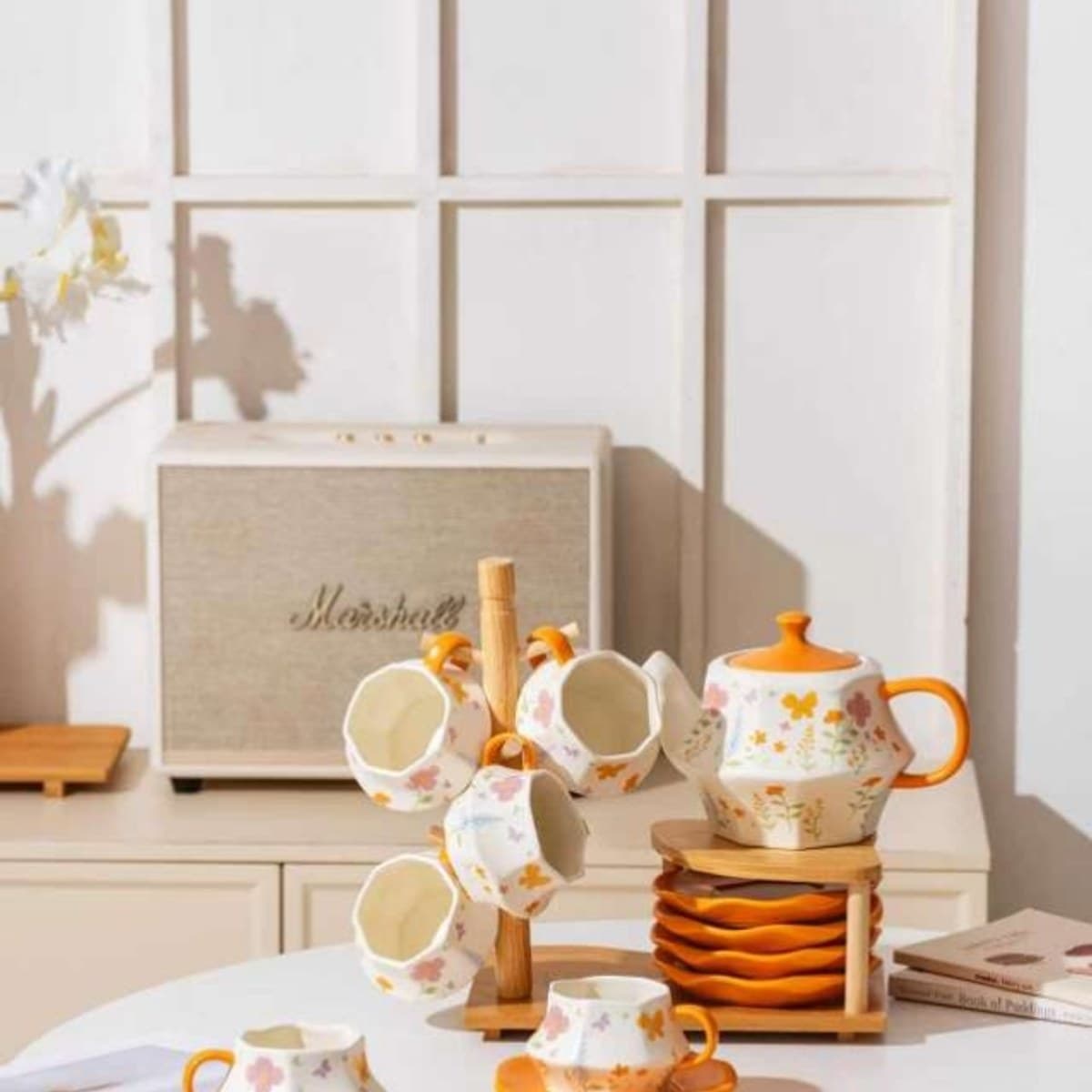 Ceramic Tea and Drinkware Set with Wooden Tray detail 1
