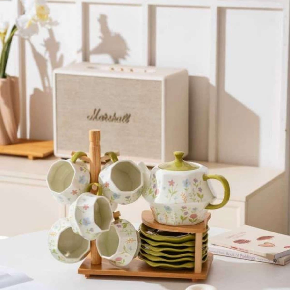 Ceramic Tea and Drinkware Set with Wooden Tray detail 2