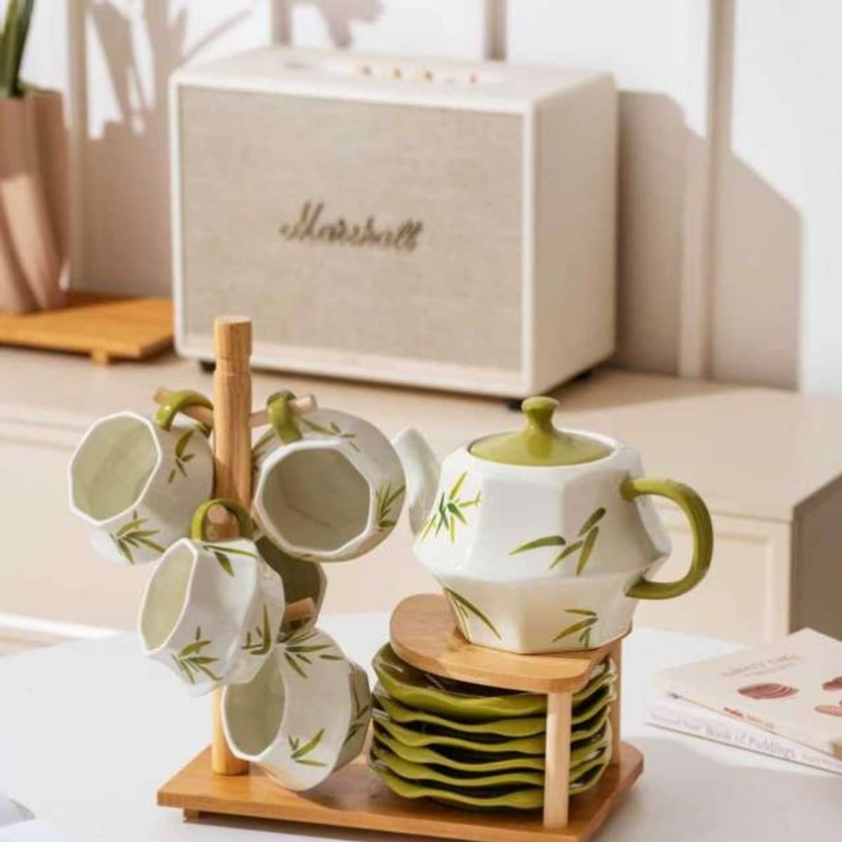 Ceramic Tea and Drinkware Set with Wooden Tray detail 4